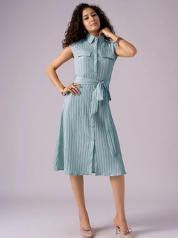 Twenty Dresses by Nykaa Fashion - Womens Turquoise Textured Polyester A-Line Belted Midi Dress