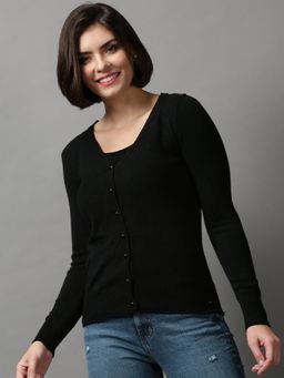 SHOWOFF - Women's Long Sleeves V-neck Black Solid Sweater Vest