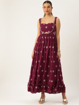 Ethnovog - Ready To Wear Magenta Georgette Embroidered Maxi Dress