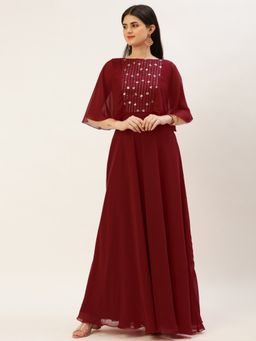 Ethnovog - Ready To Wear Dark Pink Georgette Embroidered Dress