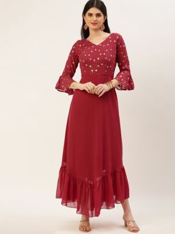 Ethnovog - Ready To Wear Dark Pink Embroidered Asymmetrical Dress