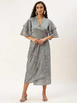 Ethnovog - Ready To Wear Multicolored Printed Modal Satin Pleated Dress