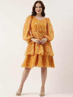 Ethnovog - Ready To Wear Mustard Digital Printed Georgette Dress