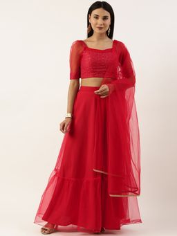 Ethnovog - Ready To Wear Dark Red Sequins Lehenga (Set of 3)