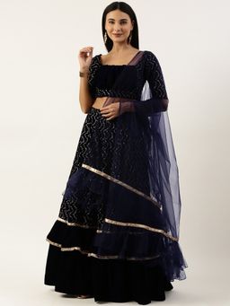 Ethnovog - Ready To Wear Blue Velvet Embroidered Lehenga (Set of 3)