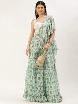 Ethnovog - Ready To Wear Mint Green Georgette Digital Printed Lehenga (Set of 3)