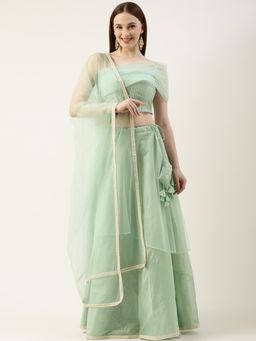 Ethnovog - Ready To Wear Pista Green Chanderi Embroidered Lehenga (Set of 3)