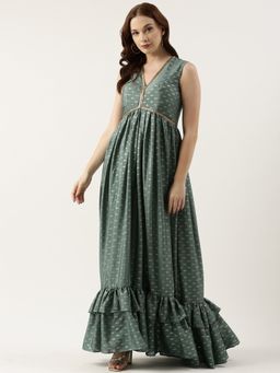 Ethnovog - Ready To Wear Green Georgette Embroidered Crop Top Skirt