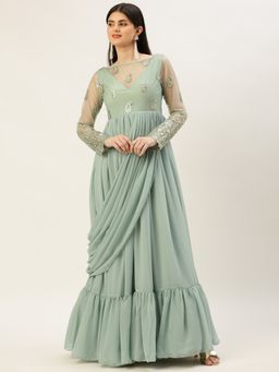 Ethnovog - Ready To Wear Green Embroidered Ruffles Style Skirt