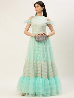 Ethnovog - Ready To Wear Light Sea Green Net Embroidered Layered Style Gown