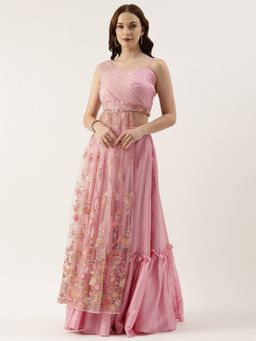 Ethnovog - Ready To Wear Pink Net Embroidered Lehenga (Set of 2)