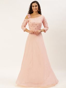 Ethnovog - Ready To Wear Peach Georgette Sequins One Shoulder Style Gown