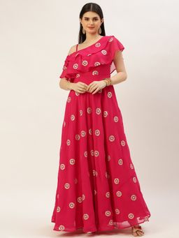 Ethnovog - Ready To Wear Dark Pink Georgette Embroidered Gown