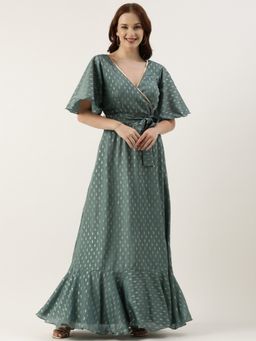 Ethnovog - Ready To Wear Green Chinon Foil Printed Dress