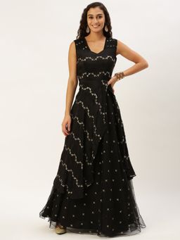 Ethnovog - Ready To Wear Black Viscose Embroidered Layered Gown