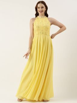 Ethnovog - Ready To Wear Yellow Georgette Embroidered Dress