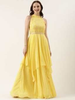 Ethnovog - Ready To Wear Yellow Embroidered Handkerchief Dress