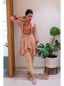 Ishnya - MATARGASHTI - Beige & Red High Low Kali Kurta with Tulip Pants (Set of 2)