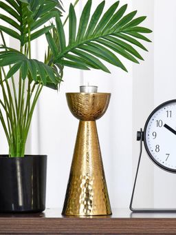 At Home by Nilkamal - Decorative Criss Cross Textured Metal Candle Holder (24 cm, Gold)