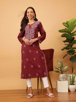 ADA - Embroidered Maroon Cotton Lucknow Chikankari Kurta- A207908 (XS) (A207908)