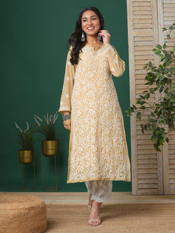 ADA - Hand Embroidered Fawn Georgette Lucknow Chikankari Kurta With Slip [A90352]