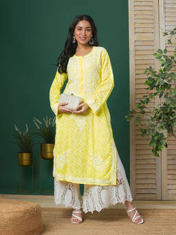 ADA - Hand Embroidered Lemon Cotton Chikankari Kurta (XS) (A100106)