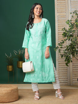 ADA - Embroidered Sea Green Cotton Lucknow Chikankari Kurta (XS) (A133580)