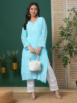 ADA - Hand Embroidered Blue Georgette Lucknow Chikan Kurta with Slip (Set of 2) (XS) (A90358)