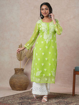 ADA - Green Embroidered Kurta with Slip Inside (XS) (A411130)