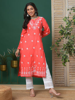 ADA - Hand Embroidered Coral Red Cotton Lucknow Chikankari Kurta [A210493]