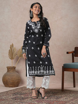 ADA - Hand Embroidered Black Cotton Lucknowi Chikankari Kurta