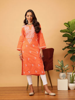 ADA - Women Orange & White Ethnic Motifs Lucknowi Famous Embroidered Chikankari Kurta