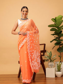 ADA - Peach Embroidered Saree With Unstitched Blouse (A129558)