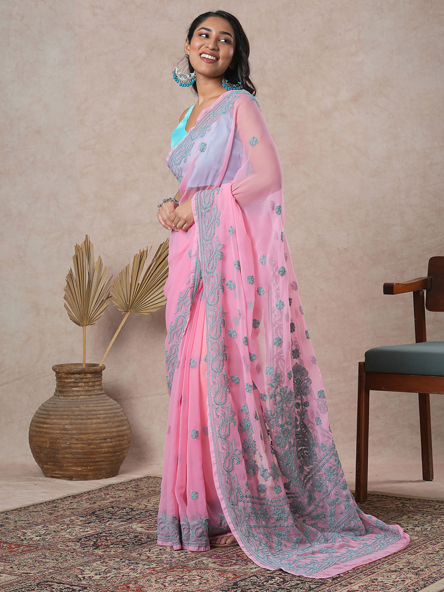 Buy Ada Pink Embroidered Saree with Unstitched Blouse (A311197) Online