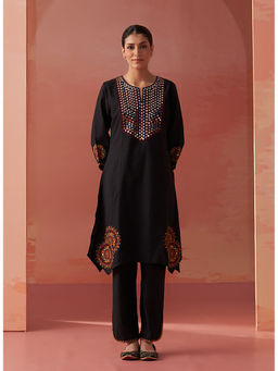 Lakshita - Black Embroidered Khadi Cotton Kurta with Pant (Set of 2)