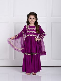 THE PONY & PEONY CO. - Amirah Purple Kurta and Sharara with Dupatta (Set of 3)