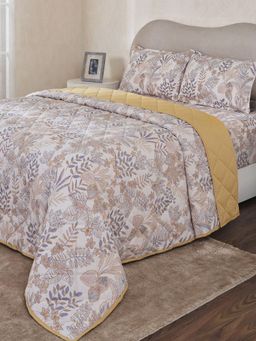 Maspar - Yellow Cotton Blend Floral Bedsheet with Quilt & 2 Pillow Cover (King)