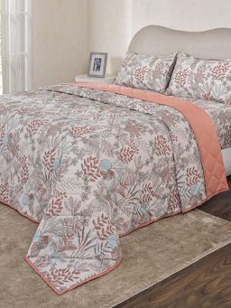 Maspar - Peach Cotton Blend Floral Bedsheet with Quilt & 2 Pillow Cover