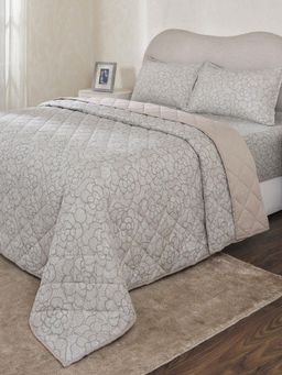 Maspar - Beige Cotton Blend Floral Bedsheet with Quilt & 2 Pillow Cover