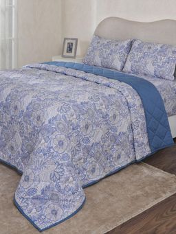 Maspar - Blue Cotton Blend Floral Bedsheet with Quilt & 2 Pillow Cover