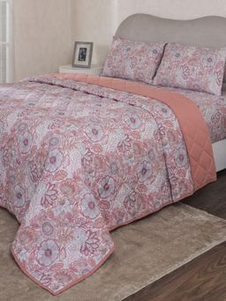 Maspar - Pink Cotton Blend Floral Bedsheet with Quilt & 2 Pillow Cover