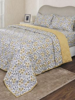 Maspar - Yellow Cotton Blend Floral Bedsheet with Quilt & 2 Pillow Cover