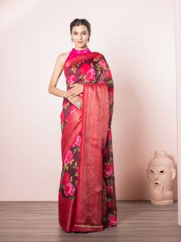 EXCLUSIVA - Brown Soft Printed Silk Linen Saree with Unstitched Blouse