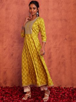 Indya - Mustard Bandhani Print Embroidered Rayon Anarkali Kurta