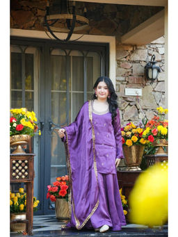 THE52 - Lavender Embroidery Silk Crepe Straight Kurta with Palazzo and Dupatta