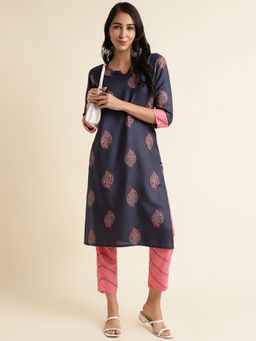 Fabclub - Women Rayon Foil Printed Straight Navy Blue Kurta with Pant