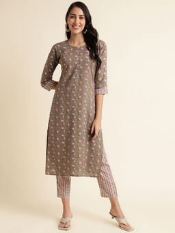 Fabclub - Women Rayon Printed Straight Grey Kurta with Pant