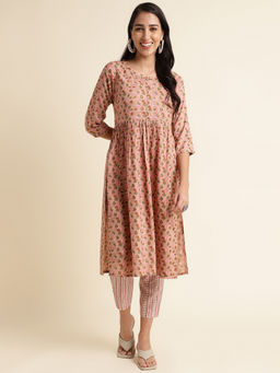 Fabclub - Women Rayon Printed Flared Peach Kurta with Pant
