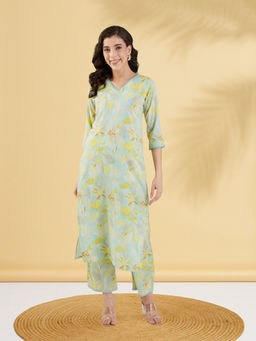 Fabclub - Women Cotton Blend Printed Straight Light Green Kurta with Pant