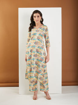 Fabclub - Multi-Color Cotton Blend Printed Straight Kurta with Pant